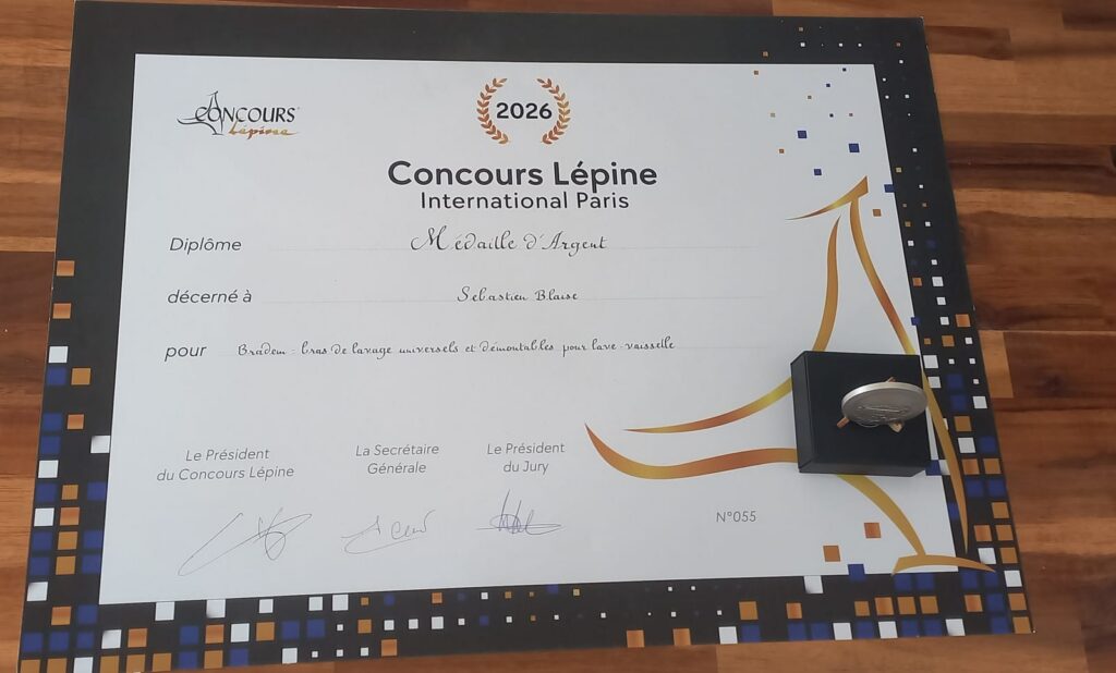 Diplôme n°055 « Médaille d’Argent » du Concours Lépine 2026 décerné à Sébastien Blaise pour Bradem, avec la médaille